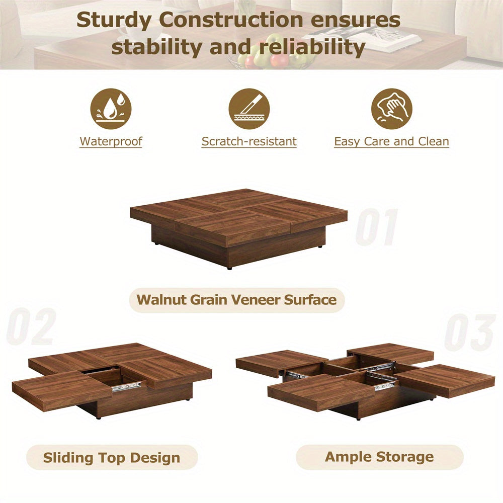 Square Marble Veneer Coffee Table Sliding Top with Storage in Walnut