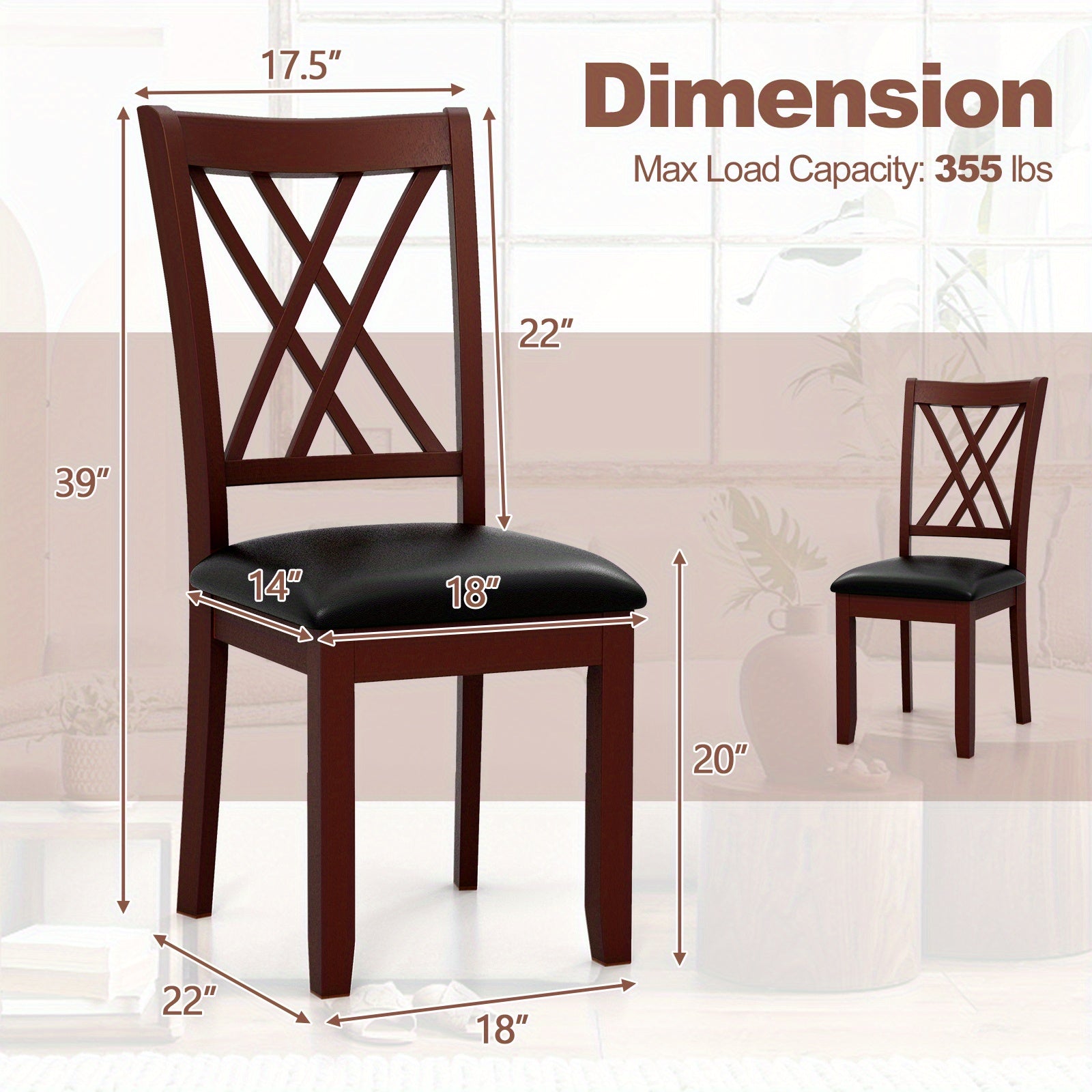 Set of 2 Dining Chair Kitchen Chair with Backrest Padded Seat & Rubber Wood Legs