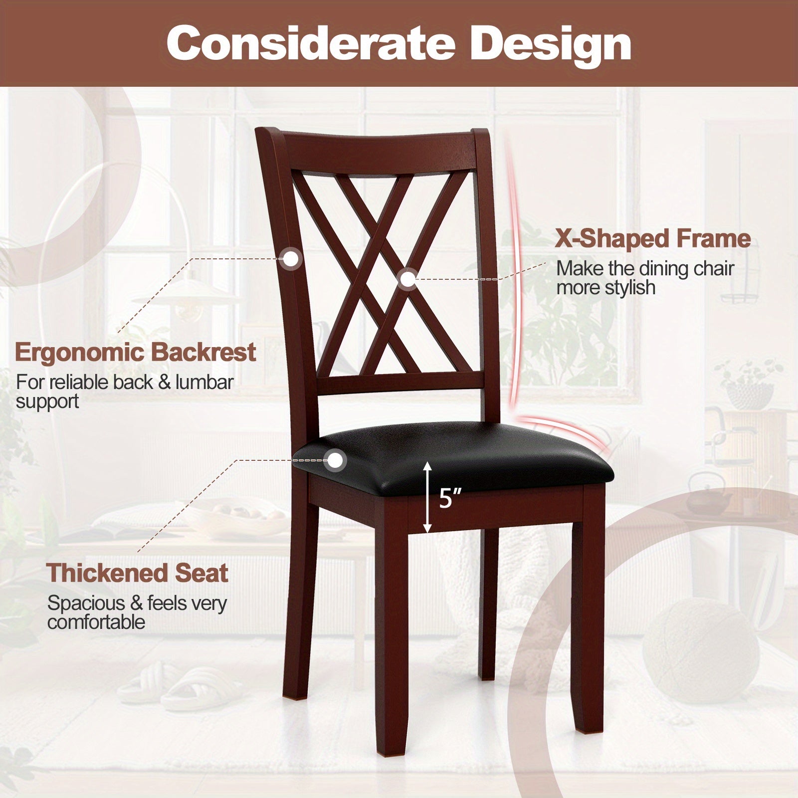 Set of 2 Dining Chair Kitchen Chair with Backrest Padded Seat & Rubber Wood Legs