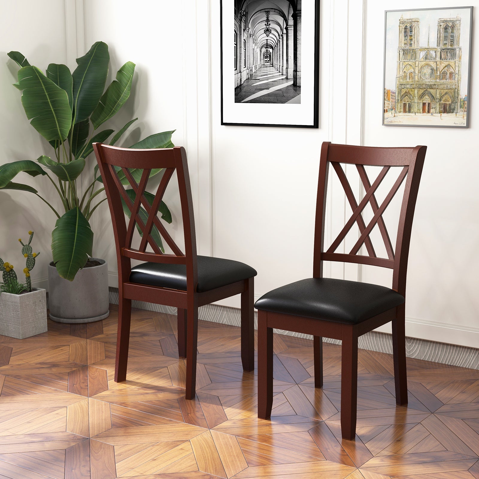 Set of 2 Dining Chair Kitchen Chair with Backrest Padded Seat & Rubber Wood Legs