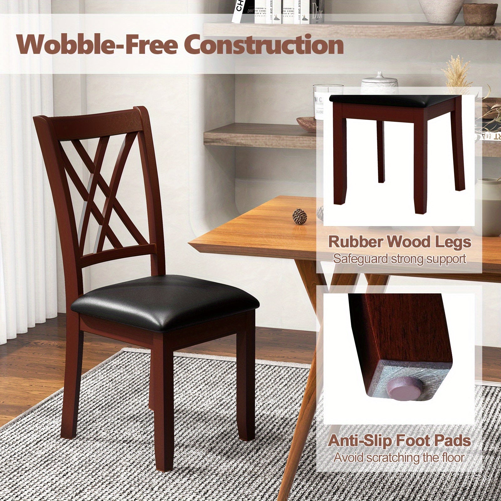 Set of 2 Dining Chair Kitchen Chair with Backrest Padded Seat & Rubber Wood Legs