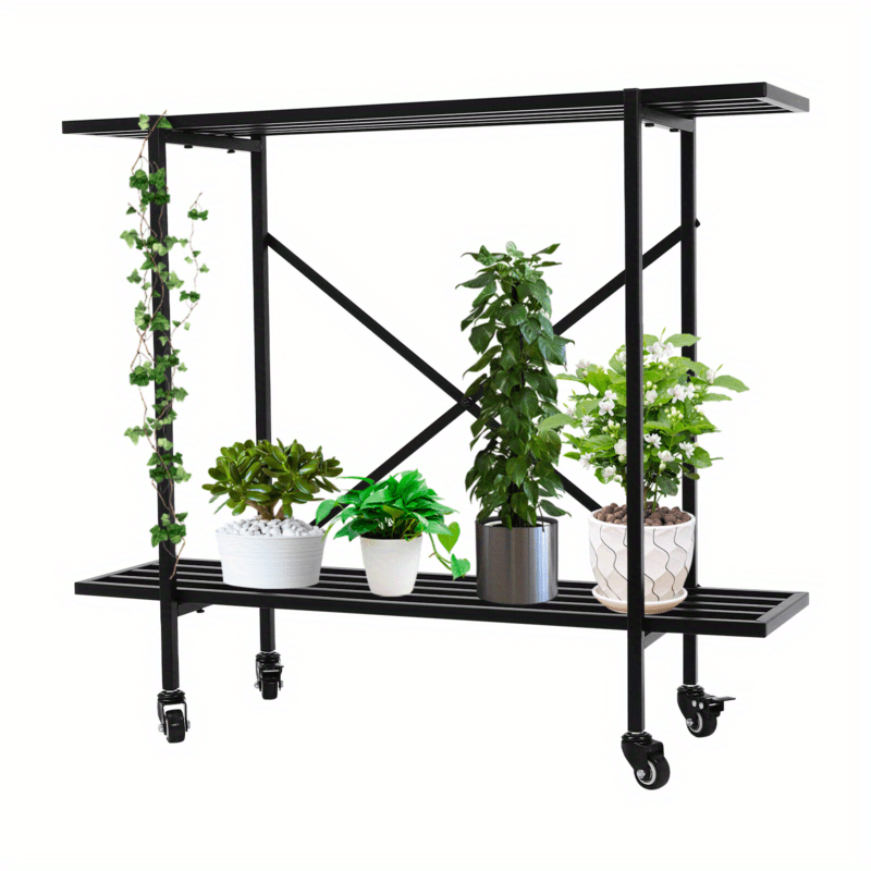 2-Tier Plant Stand Rectangular Metal Plant Stand With Wheels For Small Space