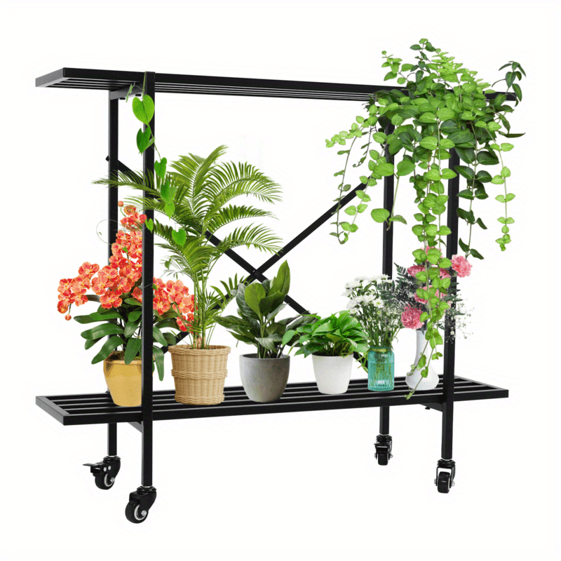 2-Tier Plant Stand Rectangular Metal Plant Stand With Wheels For Small Space