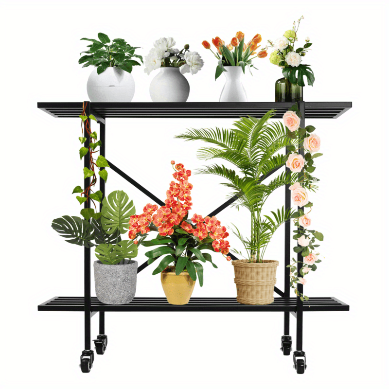 2-Tier Plant Stand Rectangular Metal Plant Stand With Wheels For Small Space