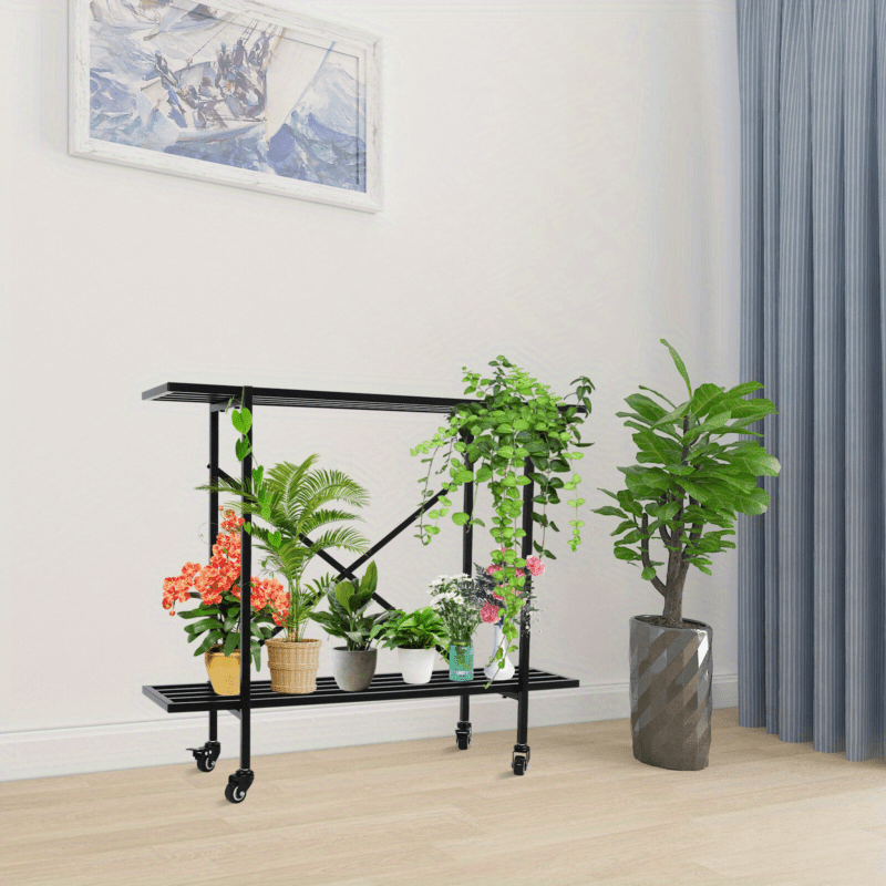 2-Tier Plant Stand Rectangular Metal Plant Stand With Wheels For Small Space