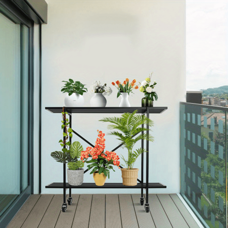 2-Tier Plant Stand Rectangular Metal Plant Stand With Wheels For Small Space