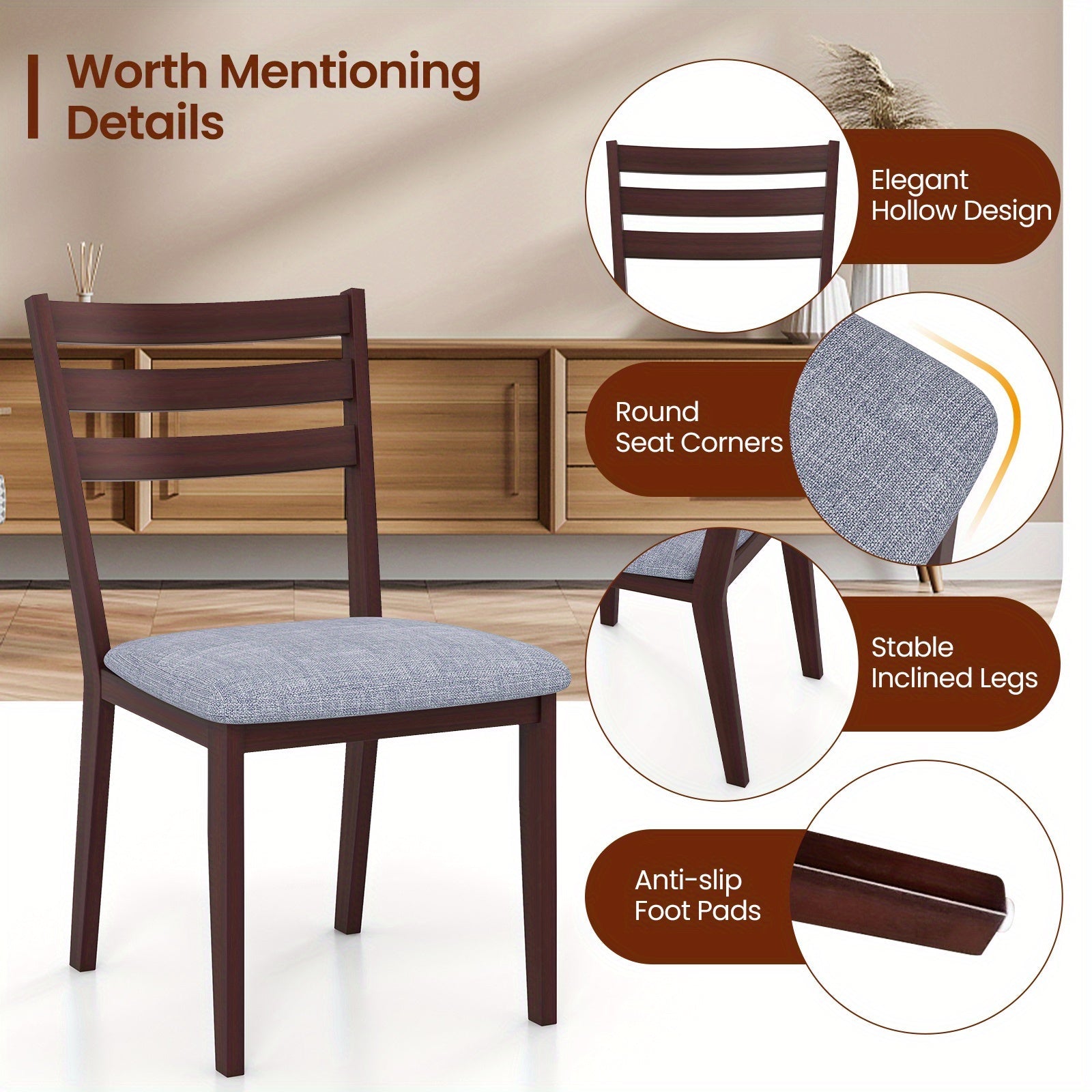 Upholstered Dining Chair Set of 2 Armless Cushioned Seat Hollow Curved Backrest