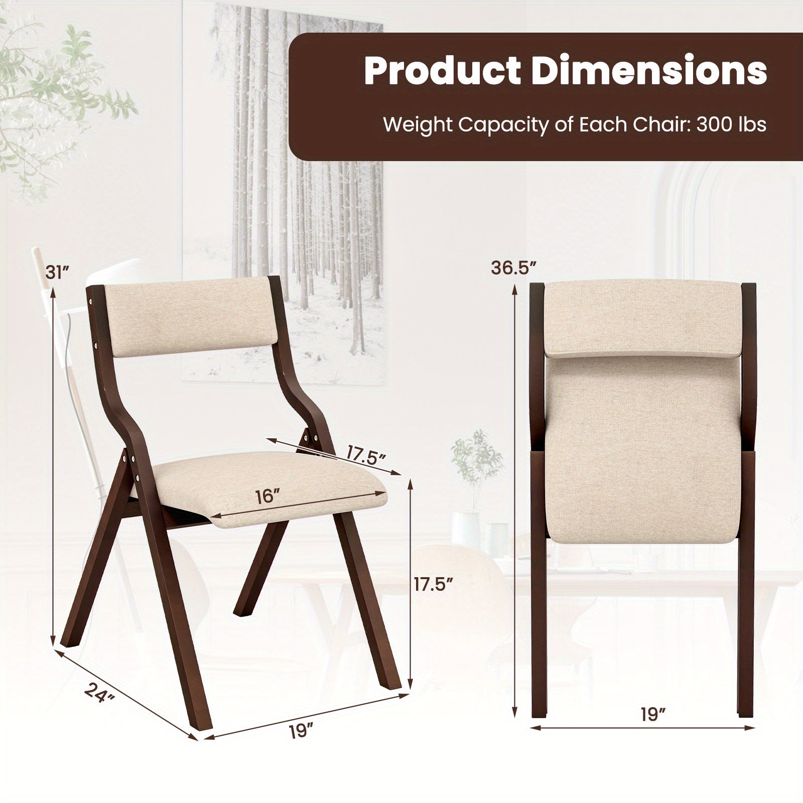 Folding Dining Chair Set of 2 Wooden Upholstered Modern Linen Fabric Padded Seat Halloween Christmas Gift