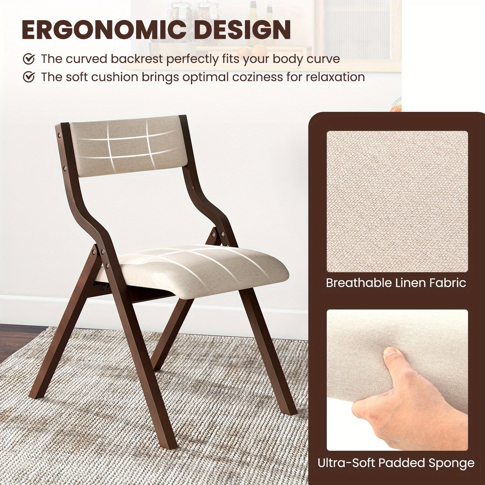 Folding Dining Chair Set of 2 Wooden Upholstered Modern Linen Fabric Padded Seat Halloween Christmas Gift