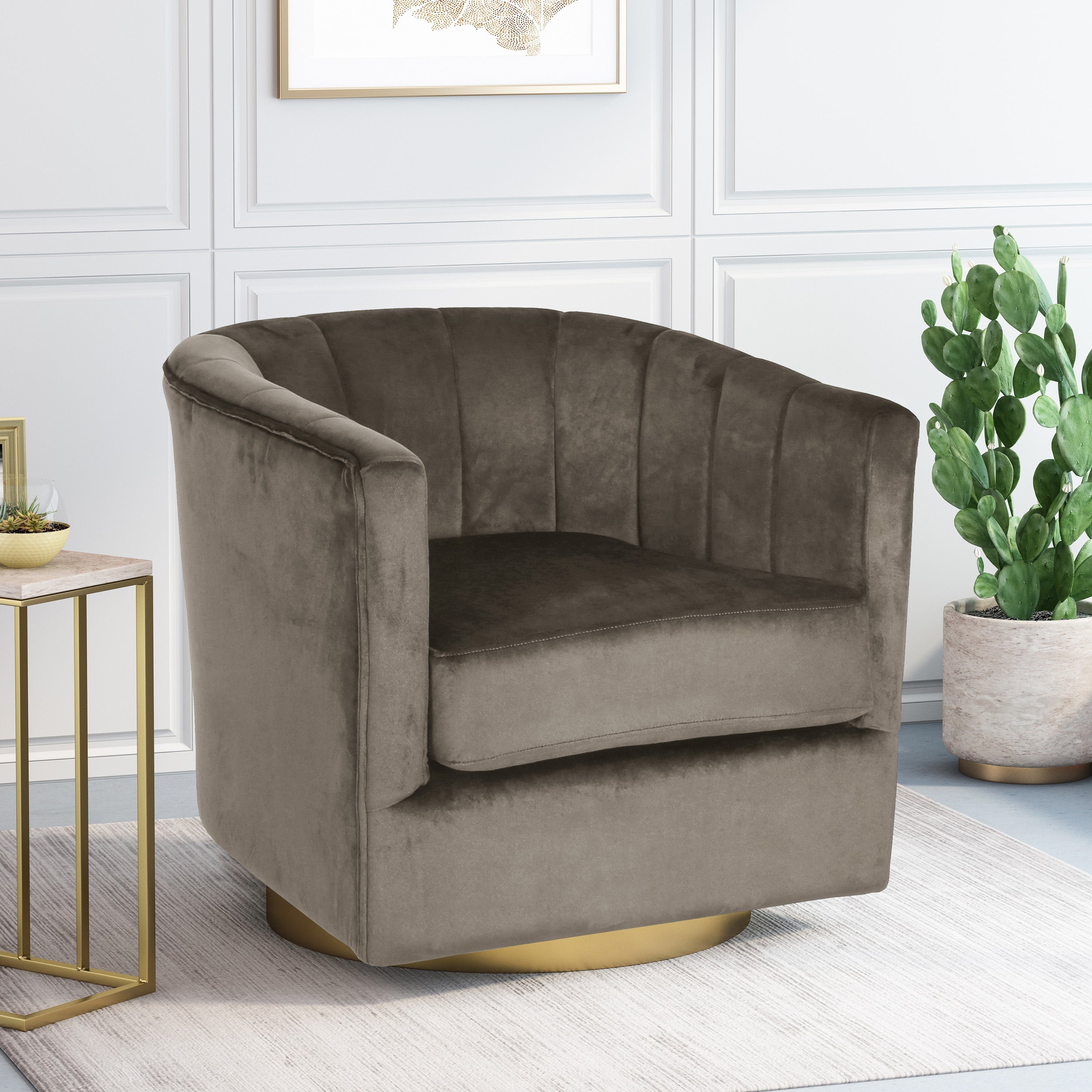 Modern Glam Velvet Swivel Arm Chair with Channel Stitching - Luxurious Metallic Base & Jewel-Like Colors - Tub Chair Design for Ultimate Comfort - Elegant Addition to Living Room Décor - 100% Polyeste