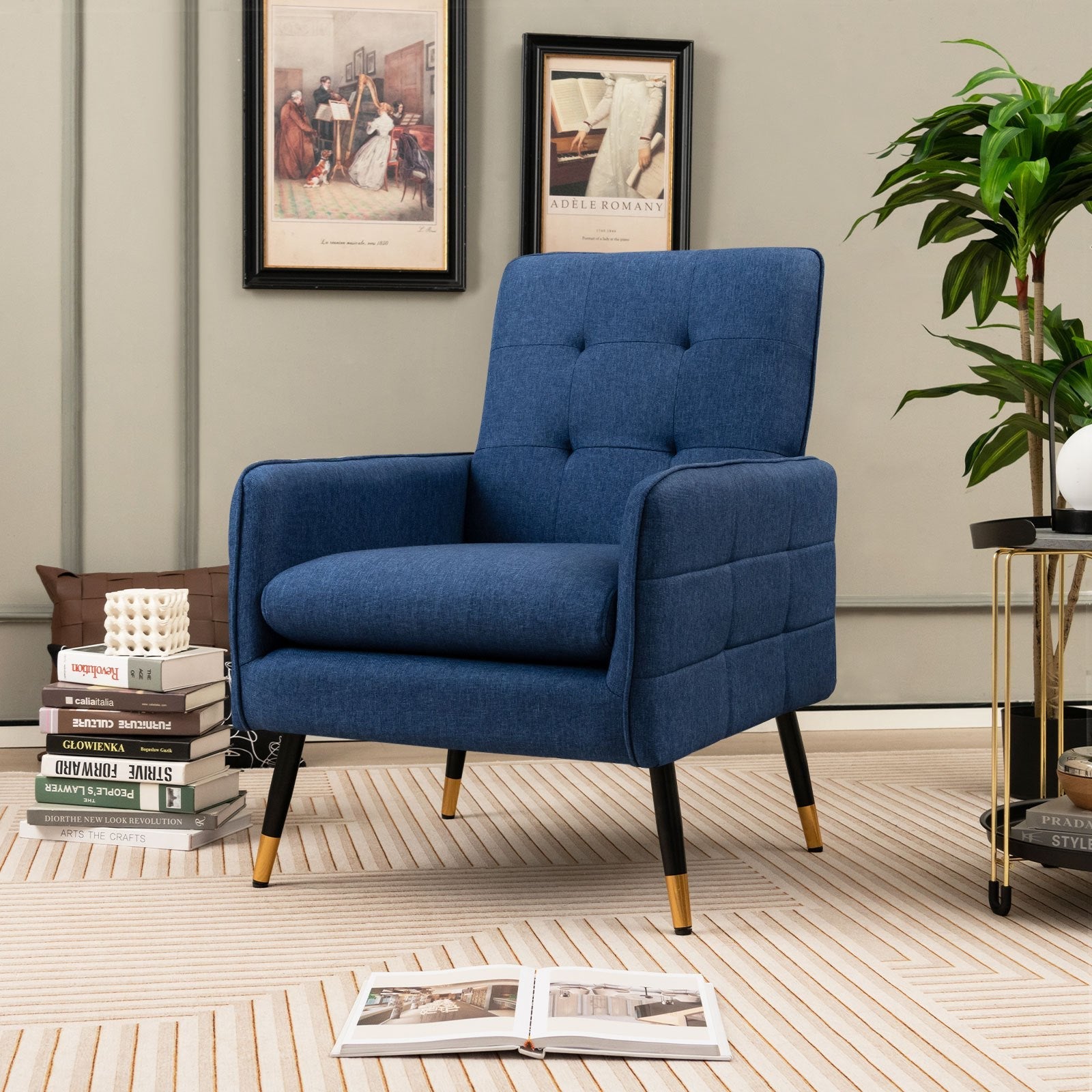 Linen Fabric Accent Chair Modern Single Sofa Chair w/ Solid Metal Legs Blue