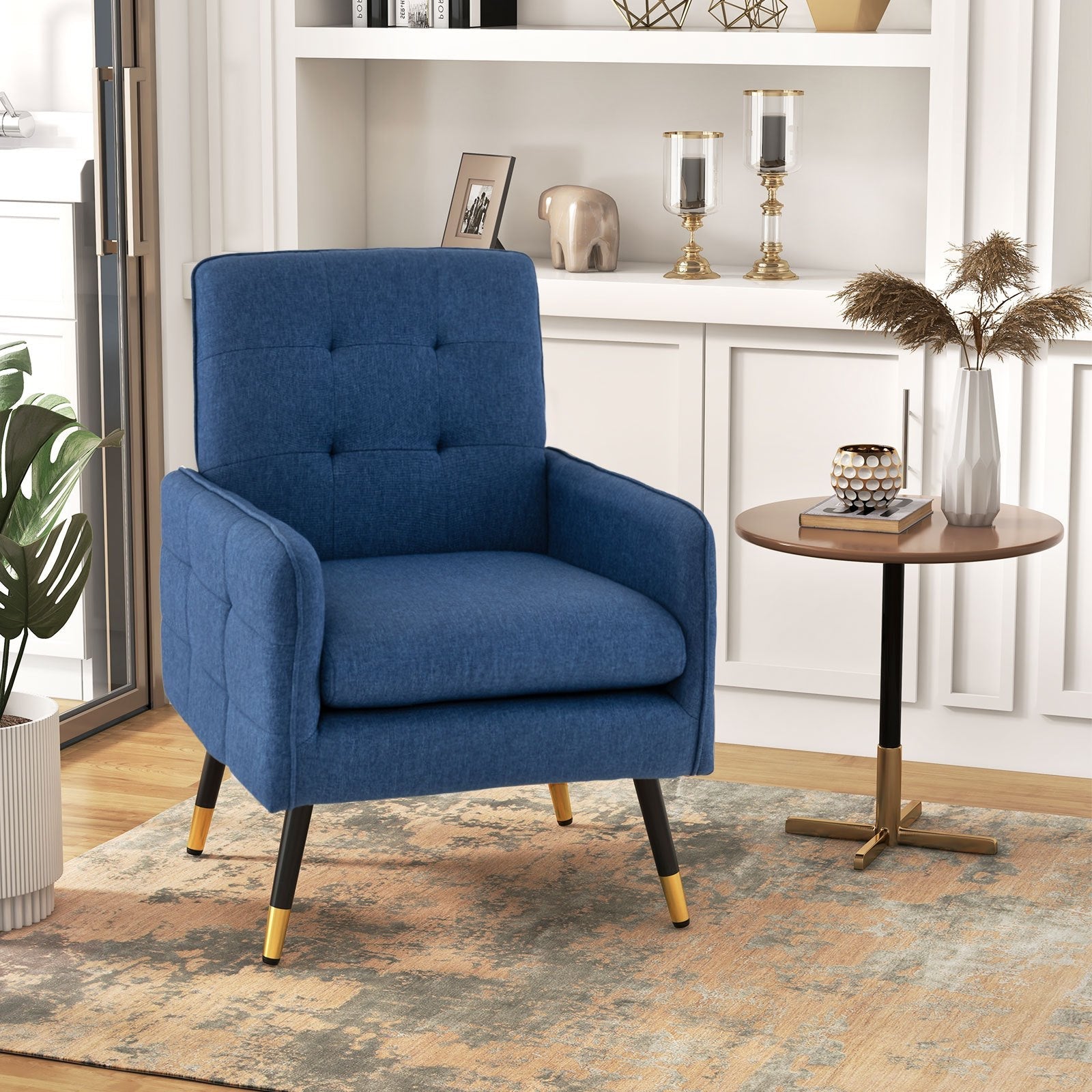 Linen Fabric Accent Chair Modern Single Sofa Chair w/ Solid Metal Legs Blue