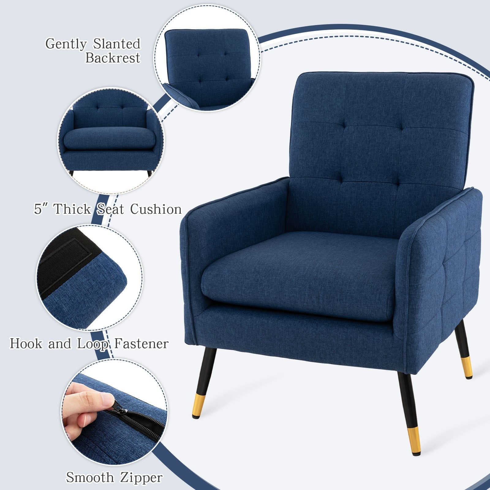 Linen Fabric Accent Chair Modern Single Sofa Chair w/ Solid Metal Legs Blue