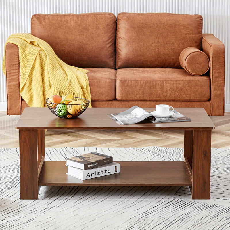 Modern Coffee Table With Solid Wood Legs For Living Room 2 Tier Rectangle Center Table Wooden Farmhouse Coffee Table