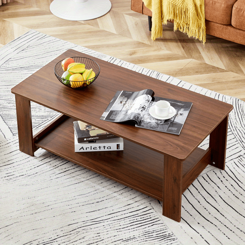 Modern Coffee Table With Solid Wood Legs For Living Room 2 Tier Rectangle Center Table Wooden Farmhouse Coffee Table