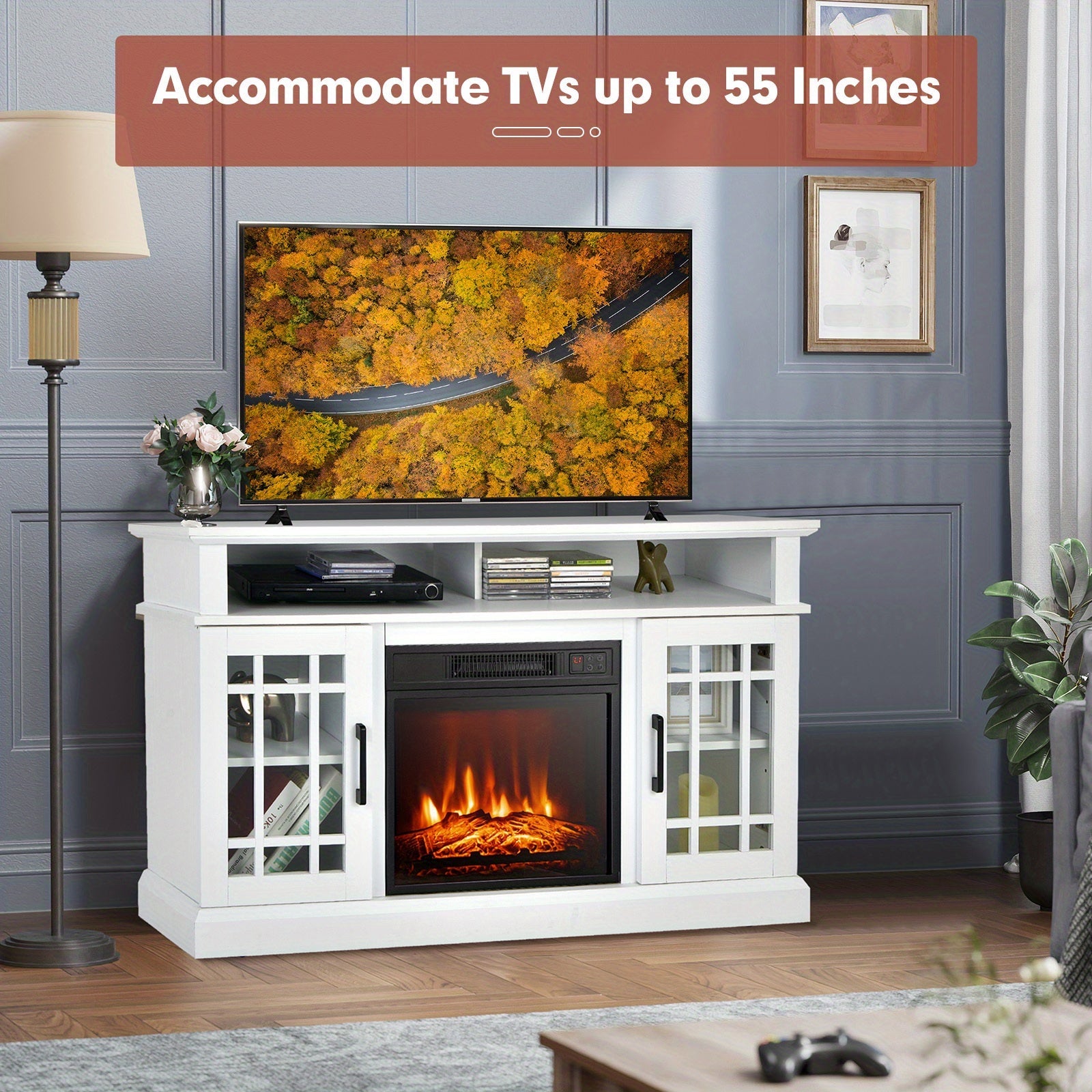 48" TV Stand Console Cabinet w/ Fireplace Entertainment Center For Living Room