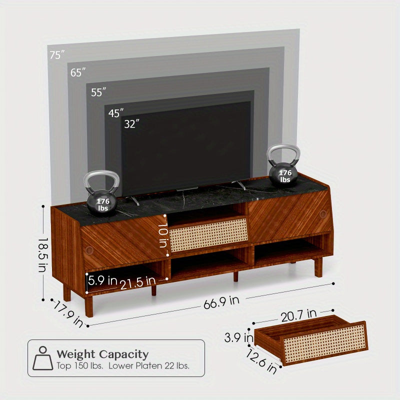 TV Stand, Mid Century Modern Entertainment Center with Rattan Drawer, Storage Shelves, Large Boho Media TV Console, 67 inch Long Television Stand for Living Room