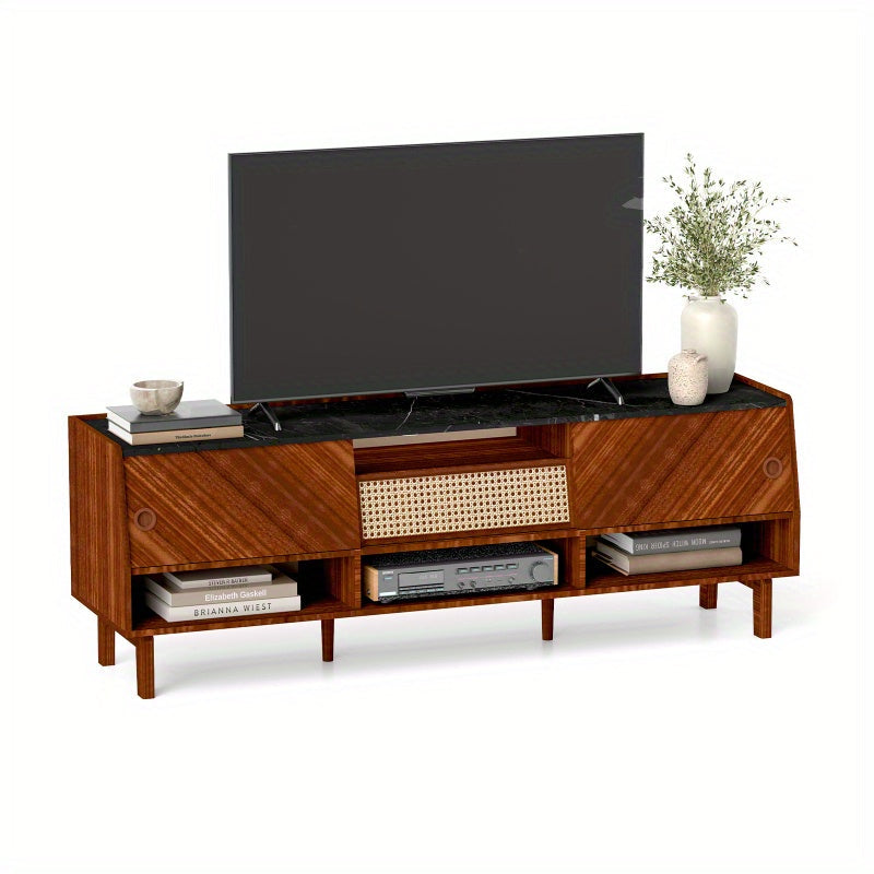 TV Stand, Mid Century Modern Entertainment Center with Rattan Drawer, Storage Shelves, Large Boho Media TV Console, 67 inch Long Television Stand for Living Room