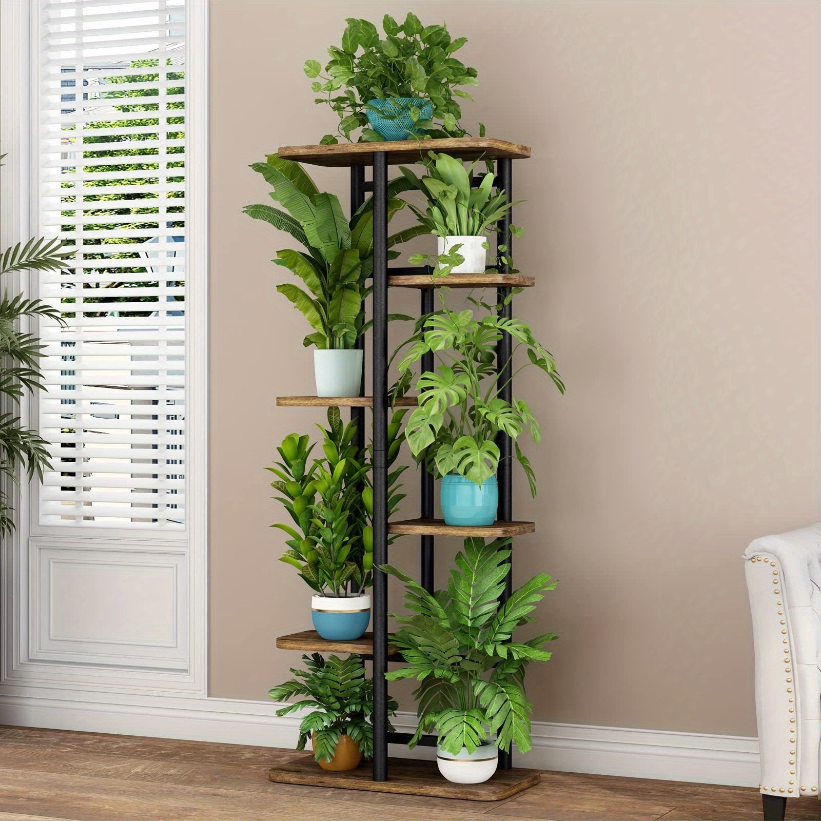 Plant Staggered Bracket Indoor Plant Rack Suitable for Garden Corner Balcony Living Room 6 Tier with 7 Potted Plants