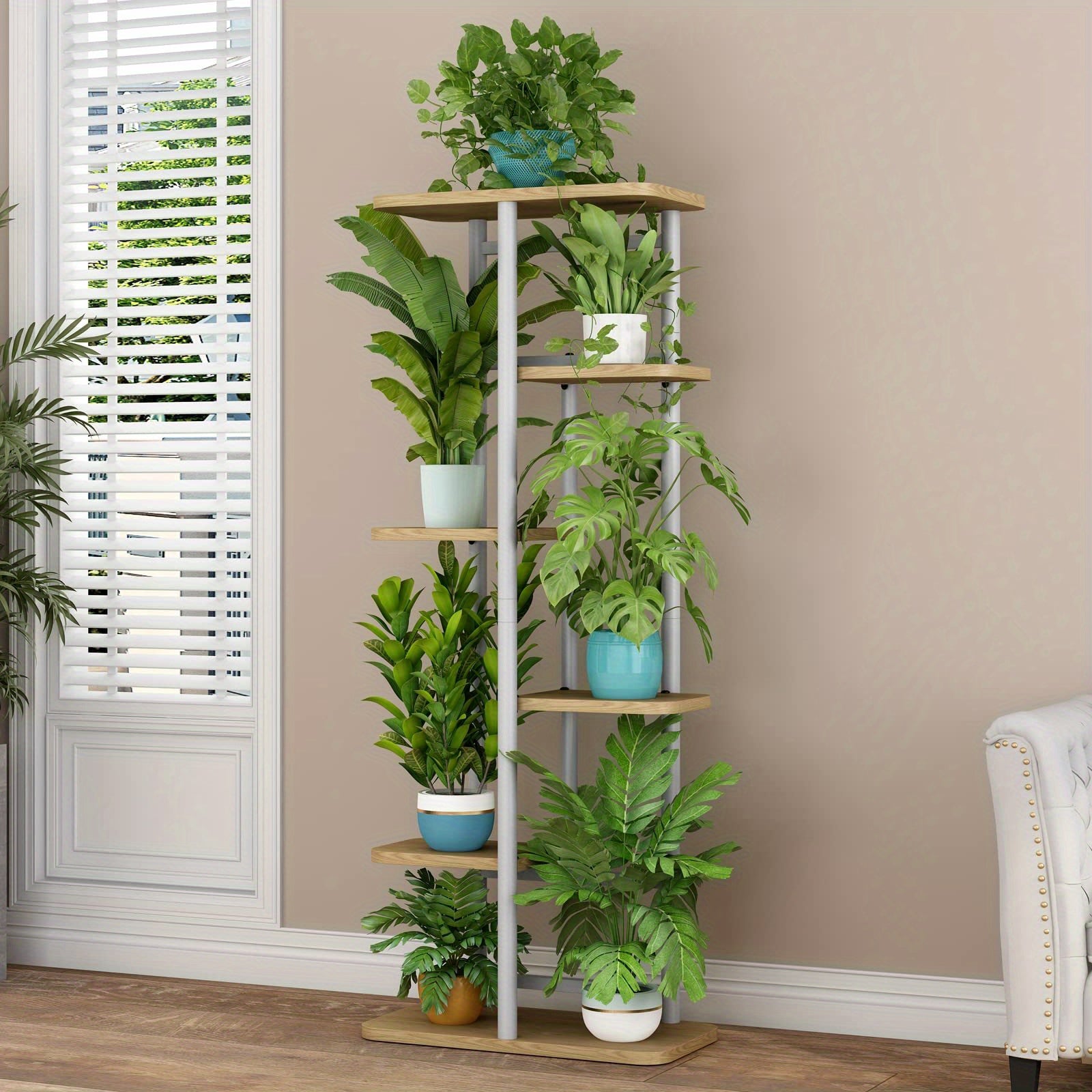 Plant Staggered Bracket Indoor Plant Rack Suitable for Garden Corner Balcony Living Room 6 Tier with 7 Potted Plants