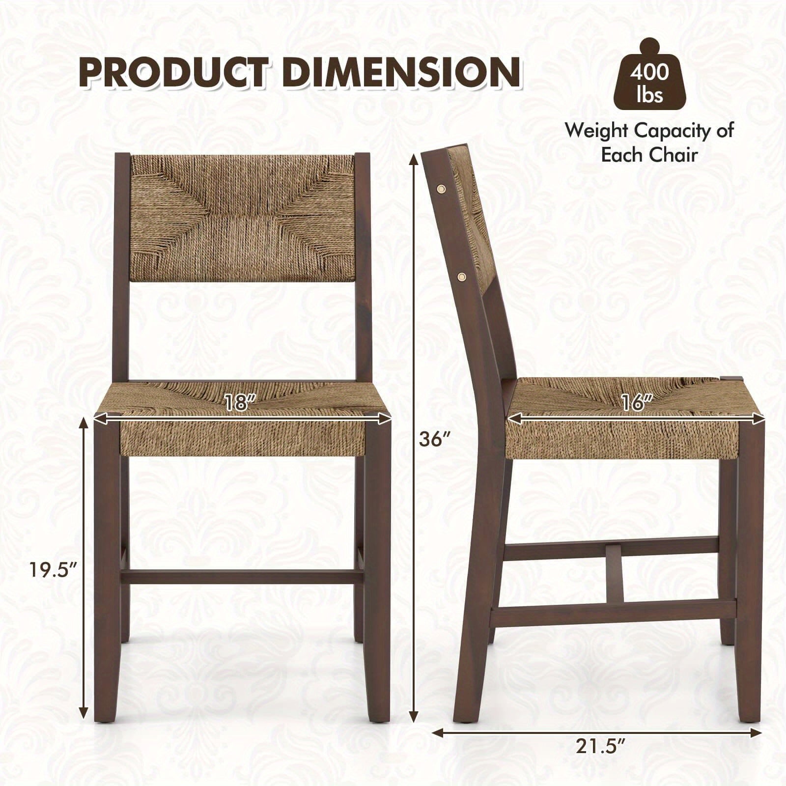 Wooden Dining Chair Set of 2 w/ Natural Weave Seagrass Rattan Backrest & Seat - Natural + Brown - Dining Chairs