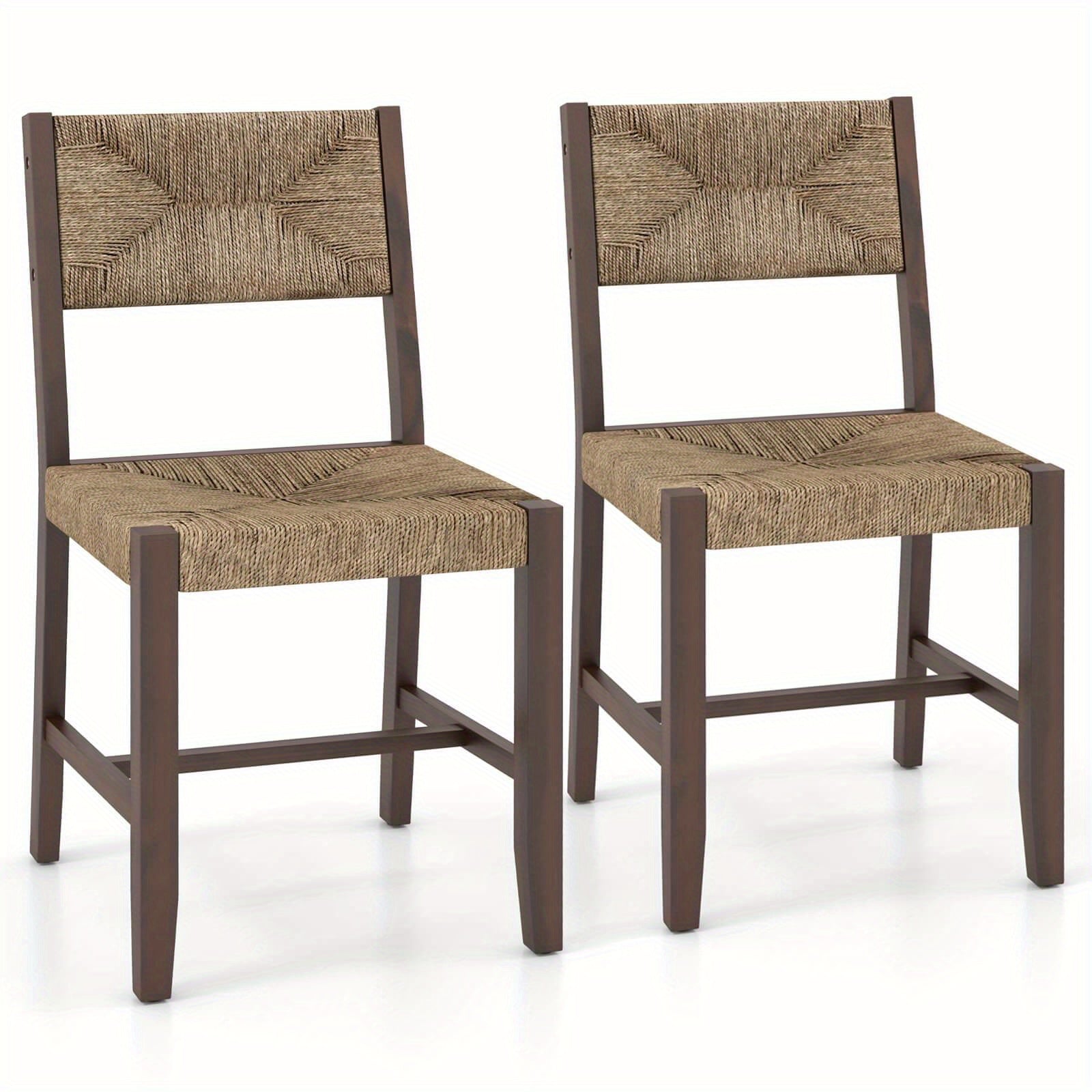 Wooden Dining Chair Set of 2 w/ Natural Weave Seagrass Rattan Backrest & Seat - Natural + Brown - Dining Chairs