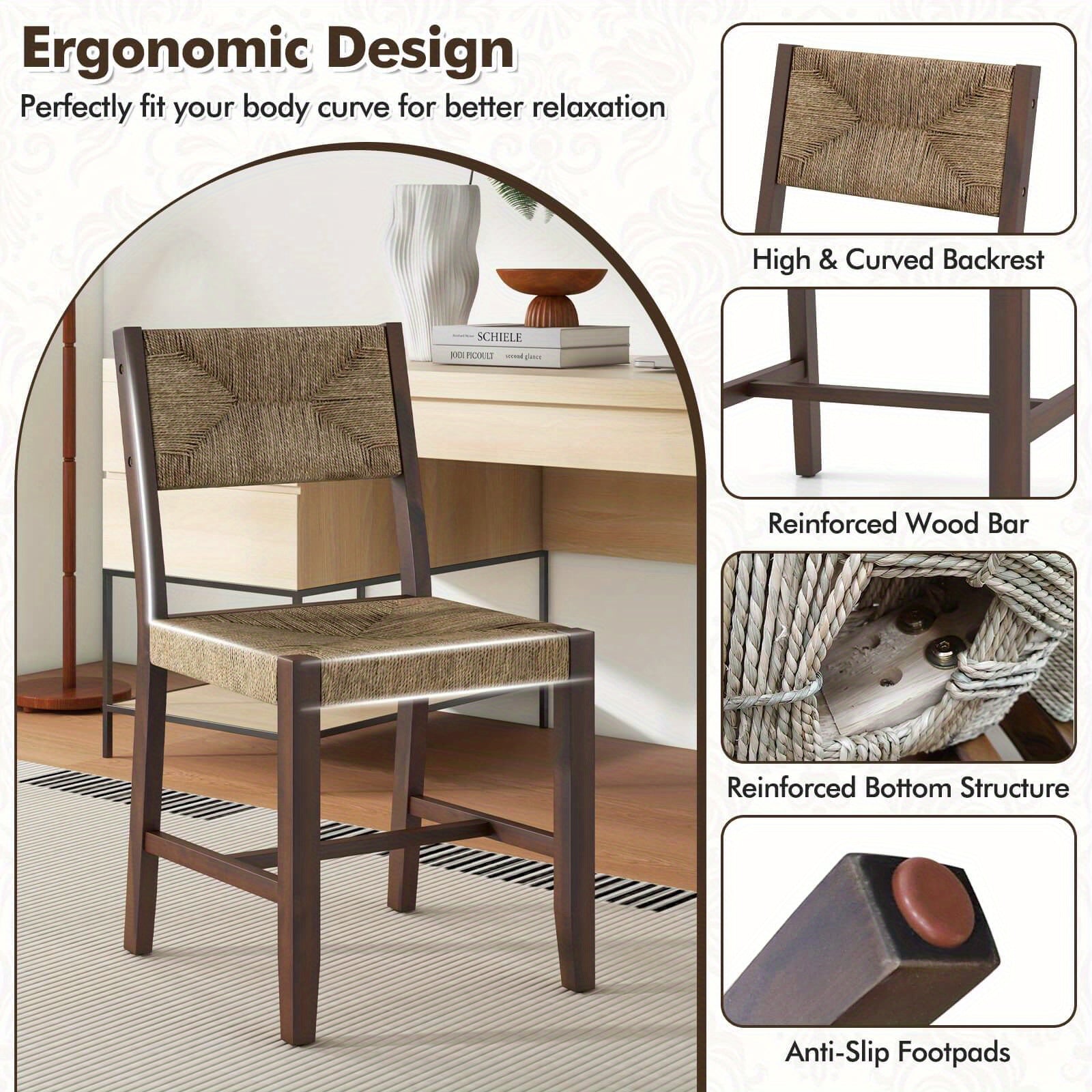 Wooden Dining Chair Set of 2 w/ Natural Weave Seagrass Rattan Backrest & Seat - Natural + Brown - Dining Chairs