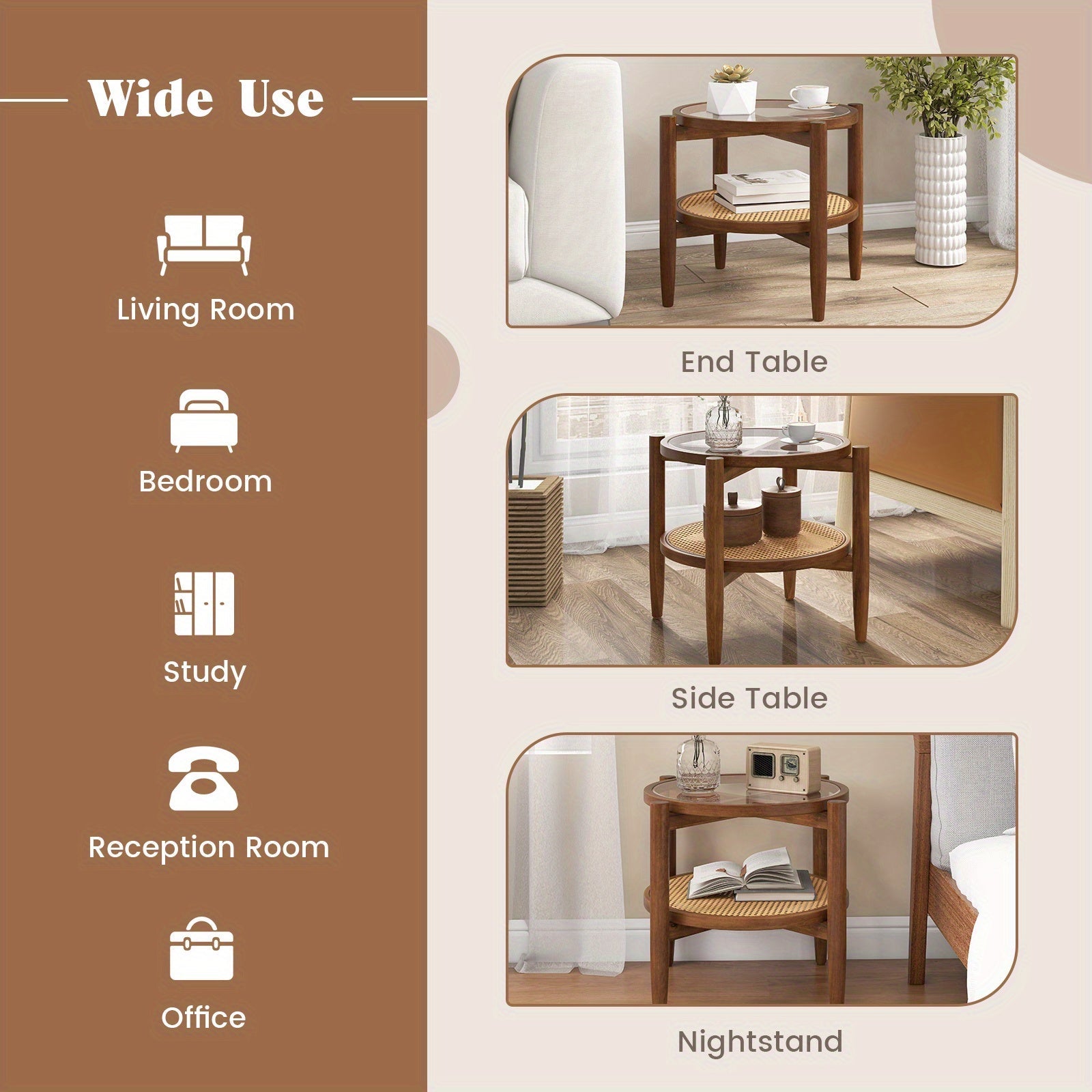 2-Tier Round Side End Table PE Rattan Sofa Nightstand Tempered Glass Tabletop