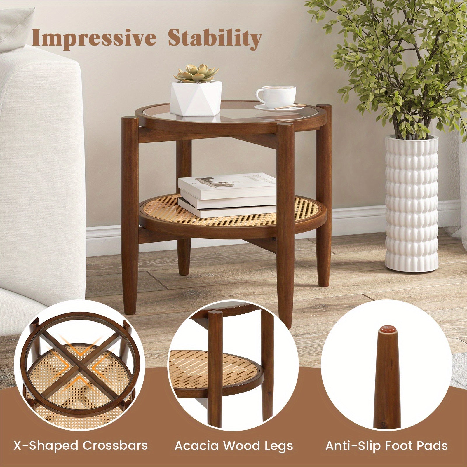 2-Tier Round Side End Table PE Rattan Sofa Nightstand Tempered Glass Tabletop