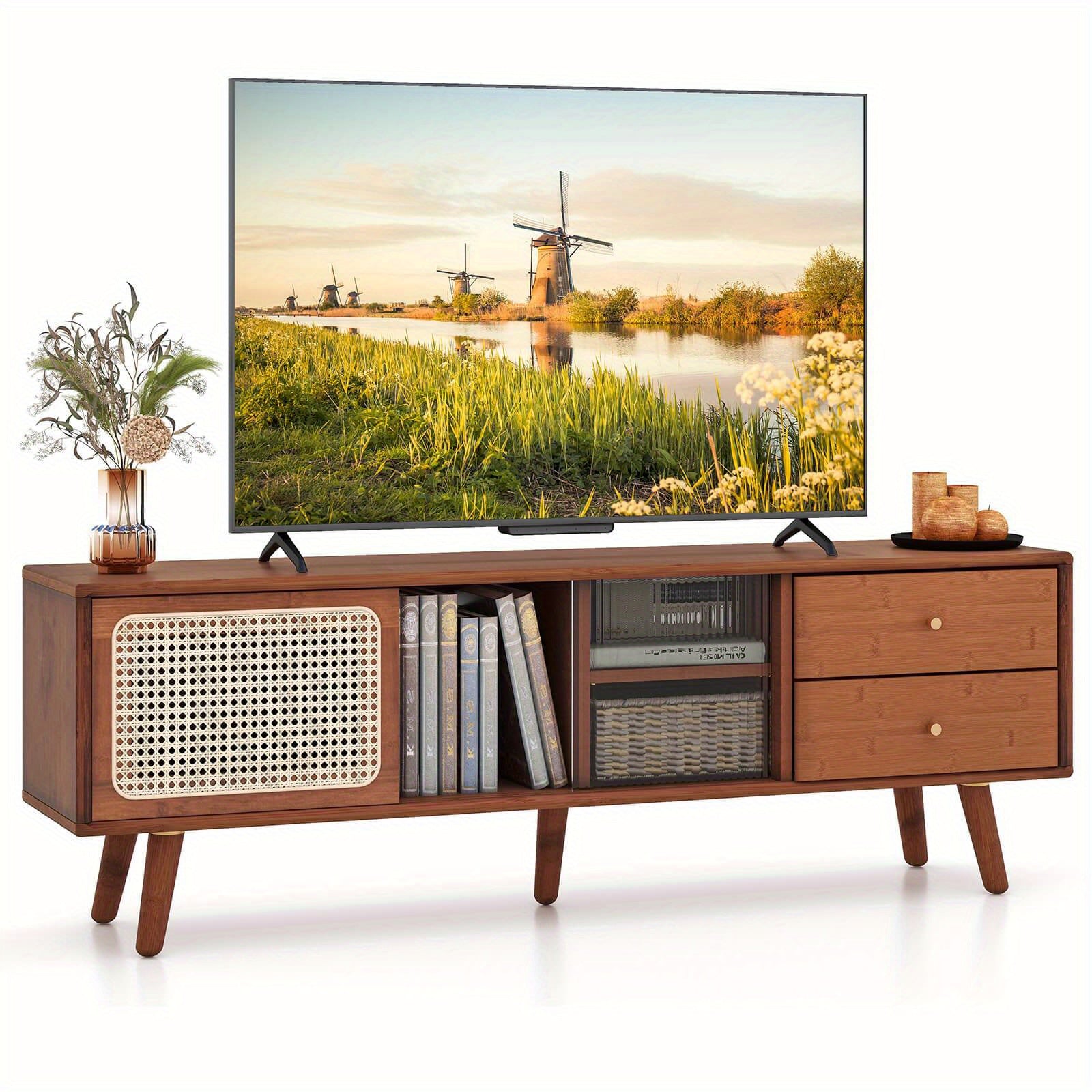 Bamboo TV Stand Console Table w/ PE Rattan  Door & 2 Drawers for TV up to 65"