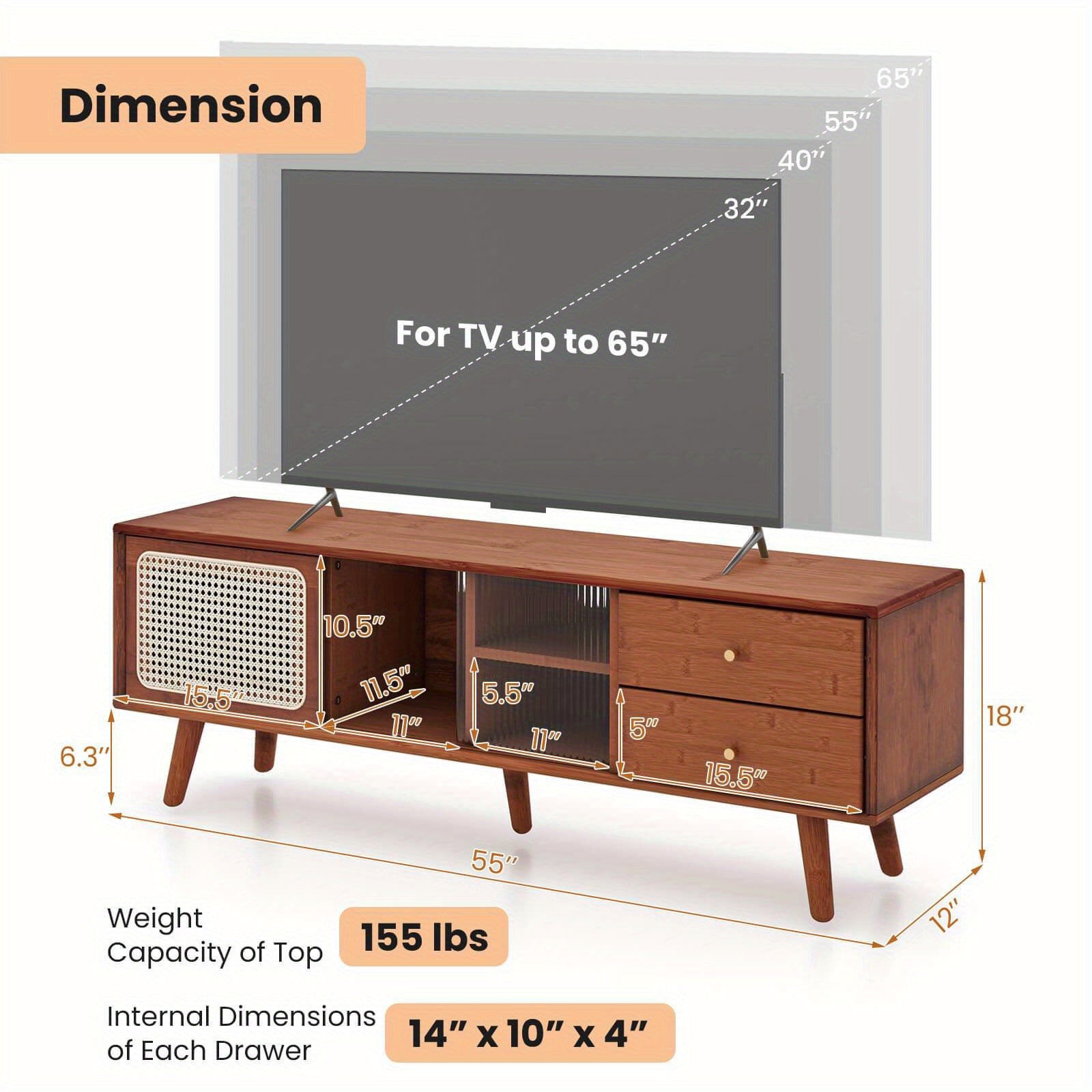 Bamboo TV Stand Console Table w/ PE Rattan  Door & 2 Drawers for TV up to 65"