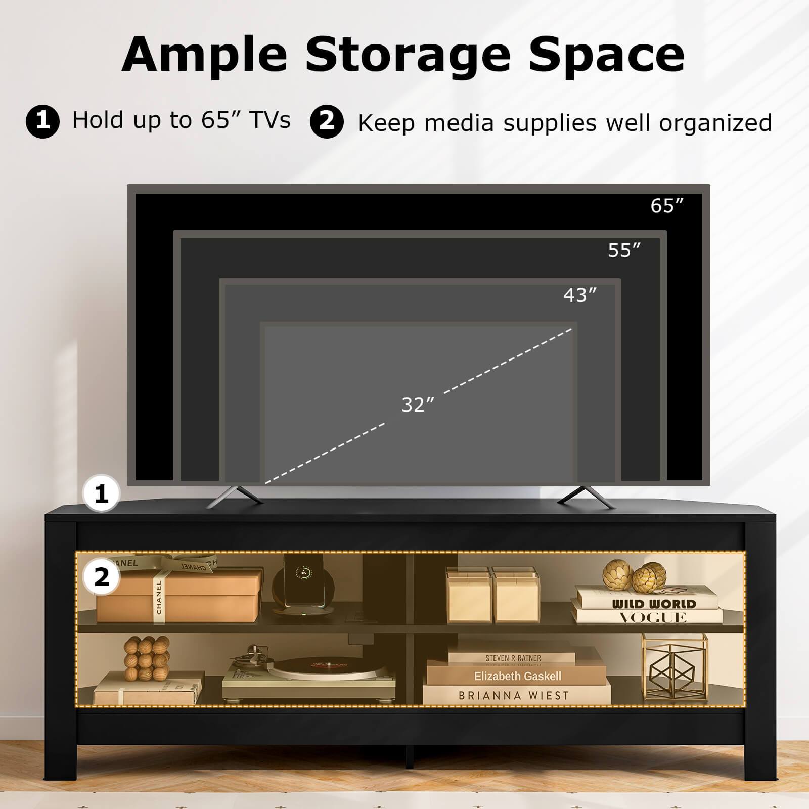 3-Tier Corner TV Stand with Power Outlet 4 Open Storage Shelves for Living Room