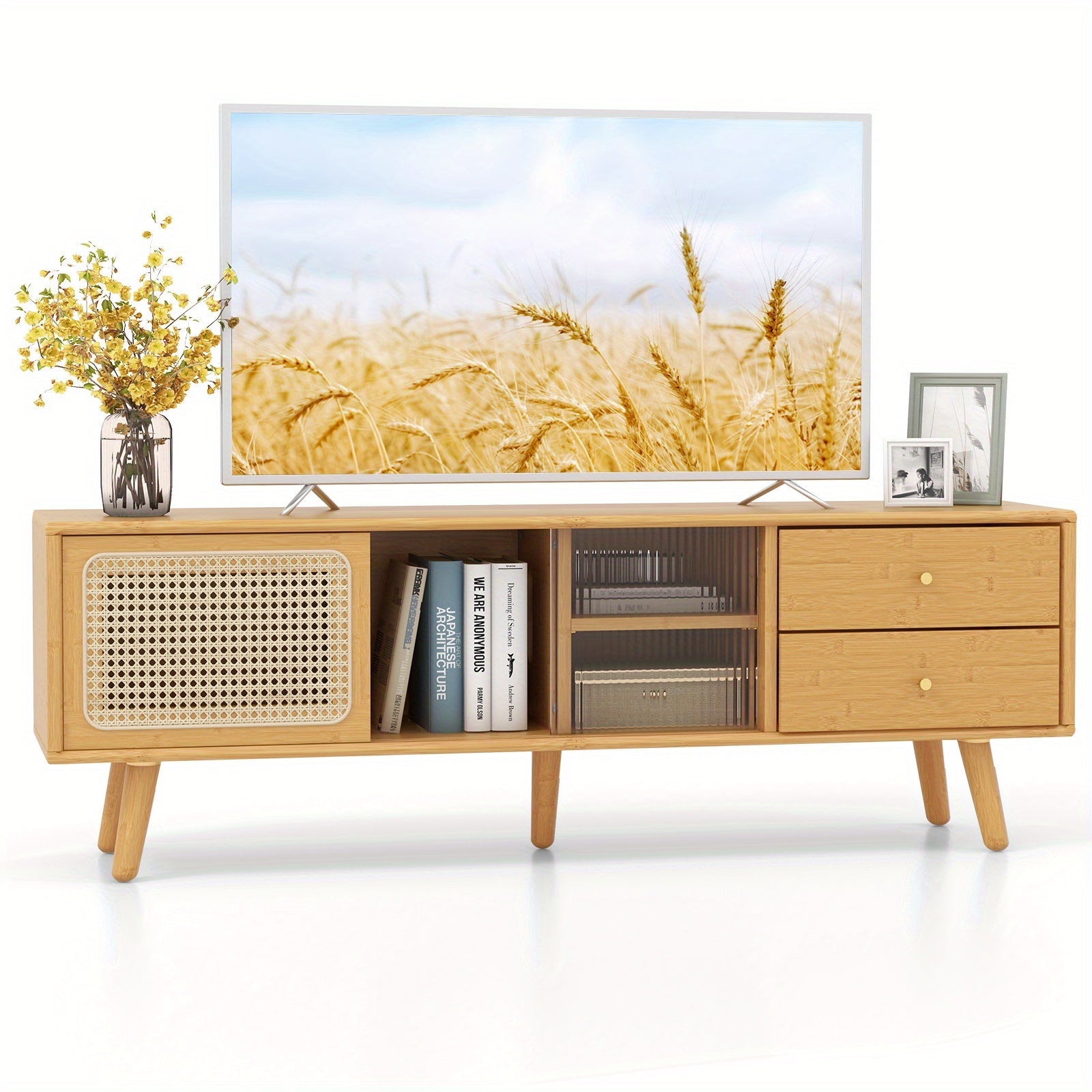 Bamboo TV Stand Console Table w/ PE Rattan  Door & 2 Drawers for TV up to 65"