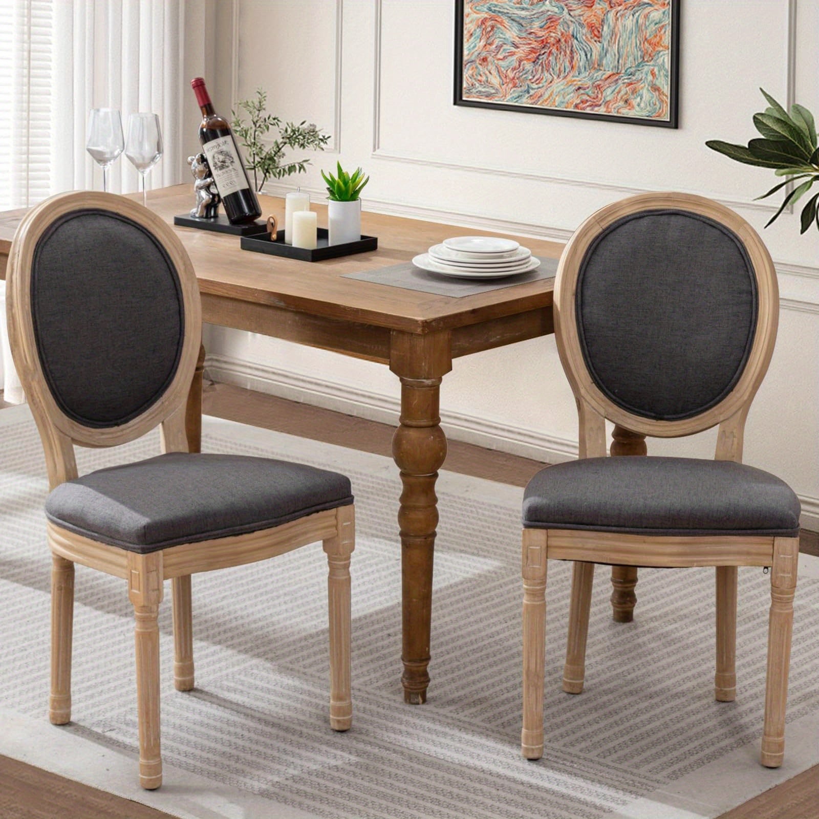 Linen Fabric Dining Chair Set of 2 Armless Accent Side Chair Wood Leg