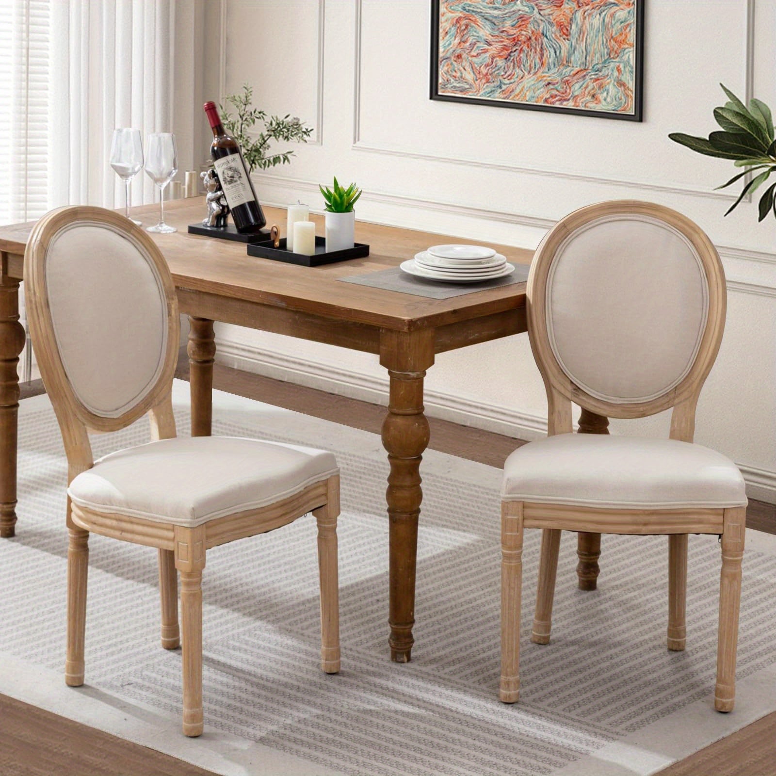 Linen Fabric Dining Chair Set of 2 Armless Accent Side Chair Wood Leg