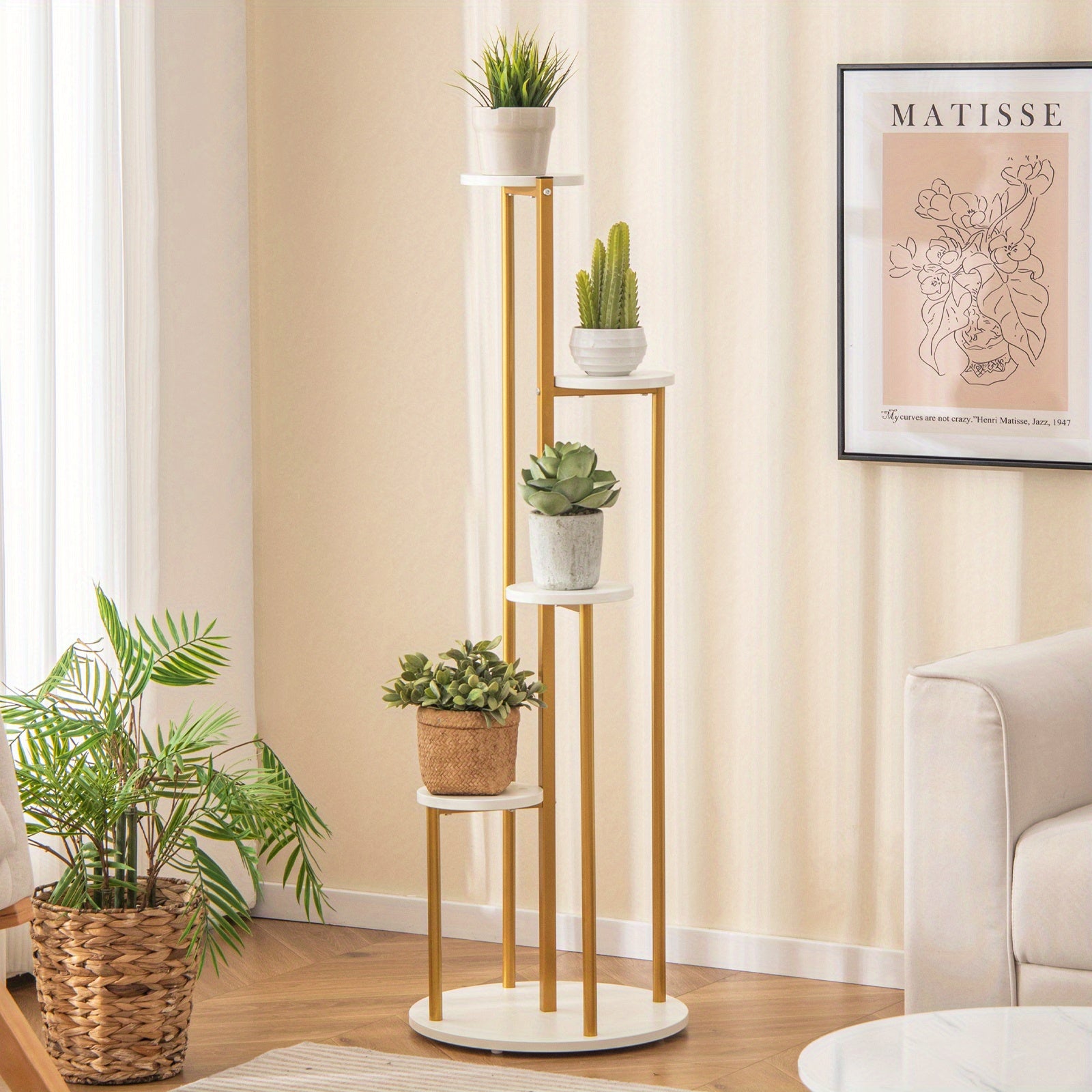 4-Tier Metal Plant Stand 49.5’’ Tall Potted Planter Display Shelf Storage Rack - Golden, White - Plant Stands Westberry