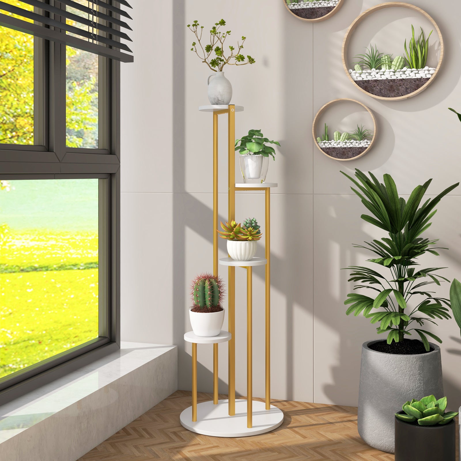 4-Tier Metal Plant Stand 49.5’’ Tall Potted Planter Display Shelf Storage Rack - Golden, White - Plant Stands Westberry