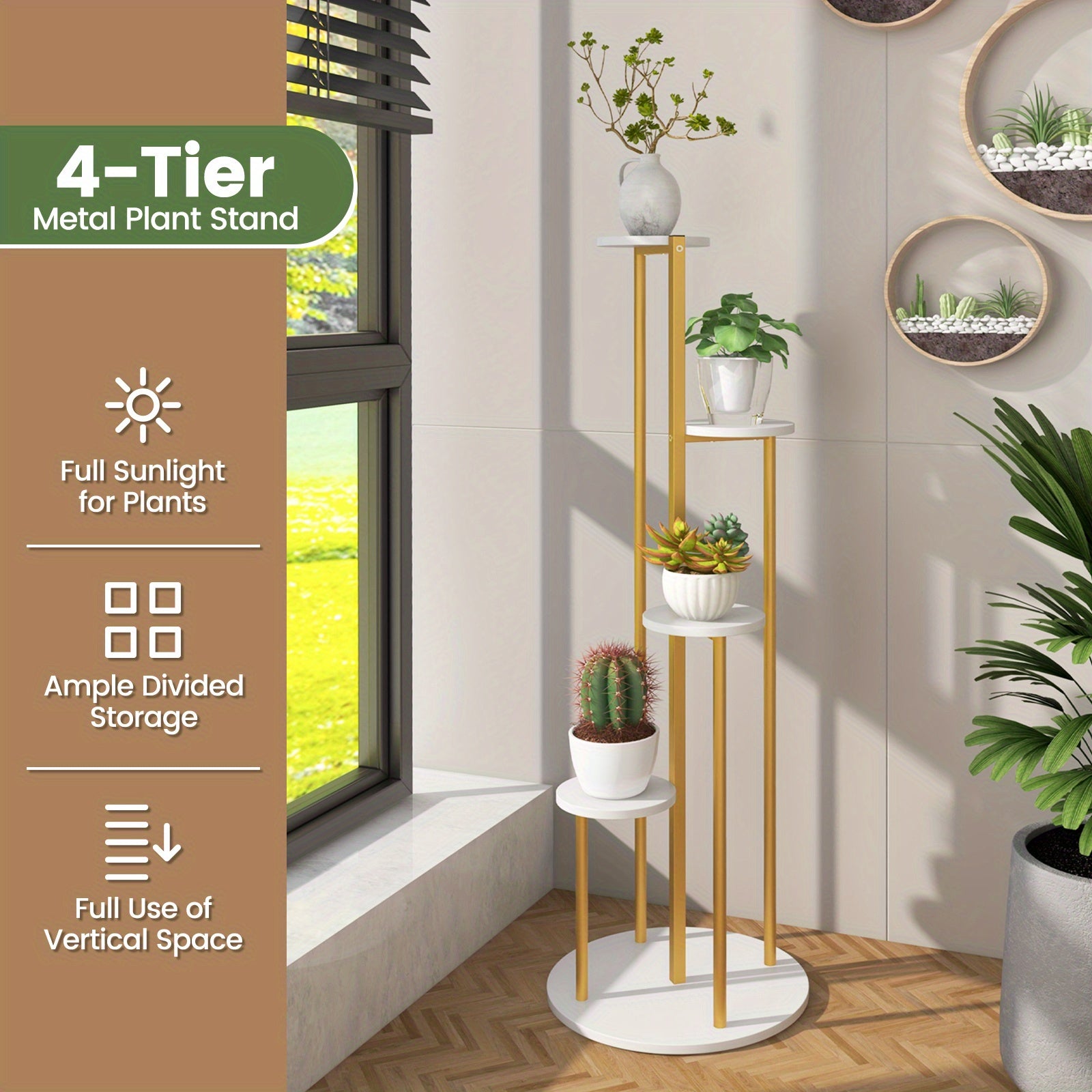 4-Tier Metal Plant Stand 49.5’’ Tall Potted Planter Display Shelf Storage Rack - Golden, White - Plant Stands Westberry