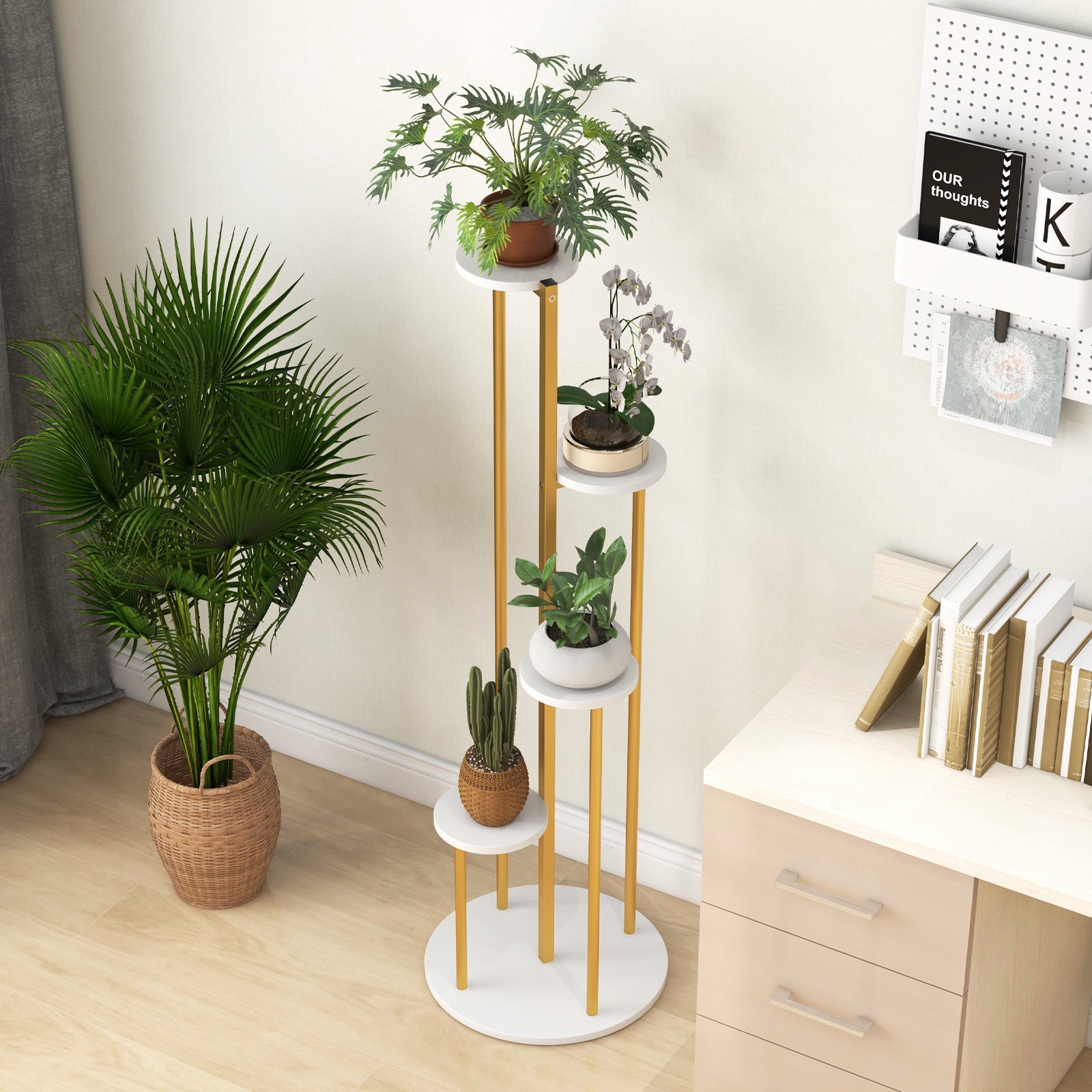 4-Tier Metal Plant Stand 49.5’’ Tall Potted Planter Display Shelf Storage Rack - Golden, White - Plant Stands Westberry