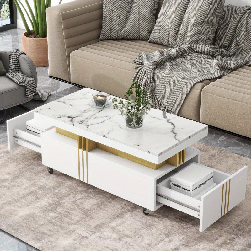 Anwick ON-TREND Contemporary Coffee Table With Faux Marble Top, Rectangle Cocktail Table With Caster Wheels, Moderate Luxury Center Table With Golden Metal Bars For Living Room