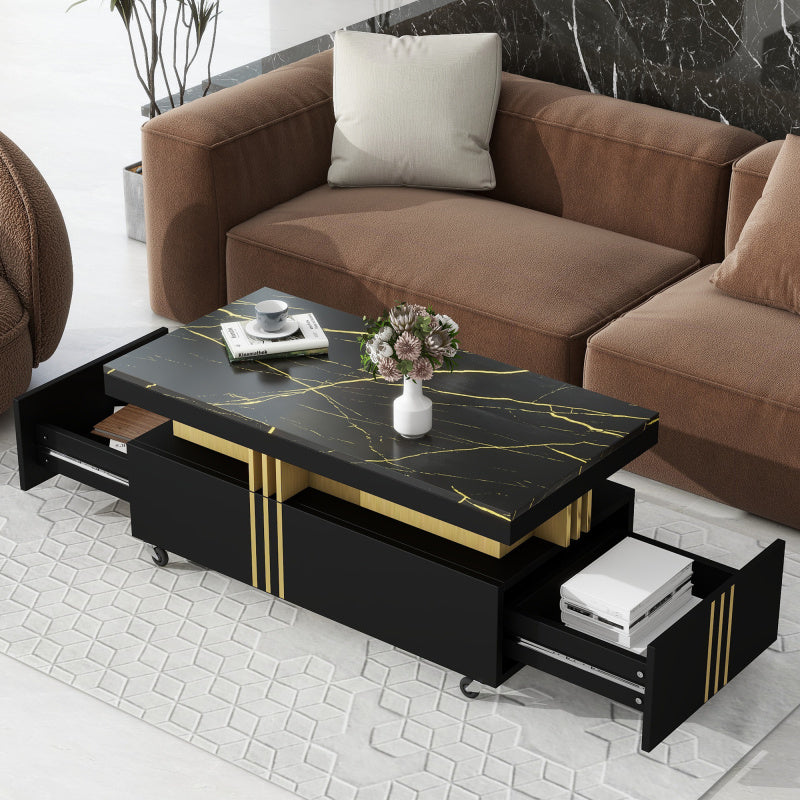 Anwick ON-TREND Contemporary Coffee Table With Faux Marble Top, Rectangle Cocktail Table With Caster Wheels, Moderate Luxury Center Table With Golden Metal Bars For Living Room