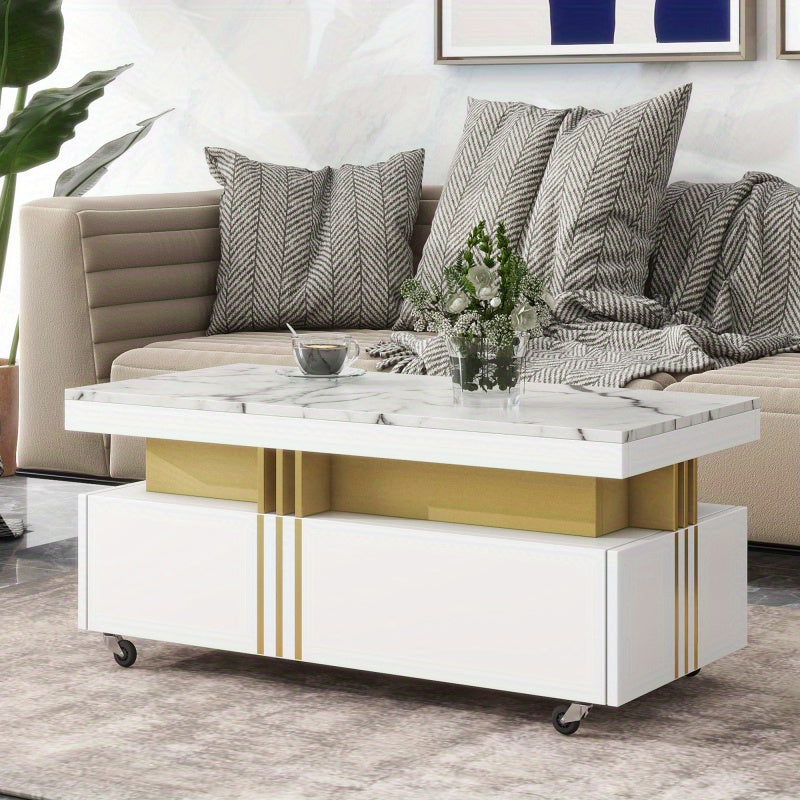 Anwick ON-TREND Contemporary Coffee Table With Faux Marble Top, Rectangle Cocktail Table With Caster Wheels, Moderate Luxury Center Table With Golden Metal Bars For Living Room