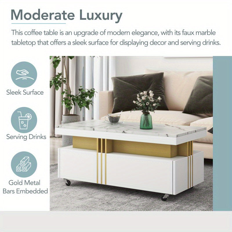 Anwick ON-TREND Contemporary Coffee Table With Faux Marble Top, Rectangle Cocktail Table With Caster Wheels, Moderate Luxury Center Table With Golden Metal Bars For Living Room