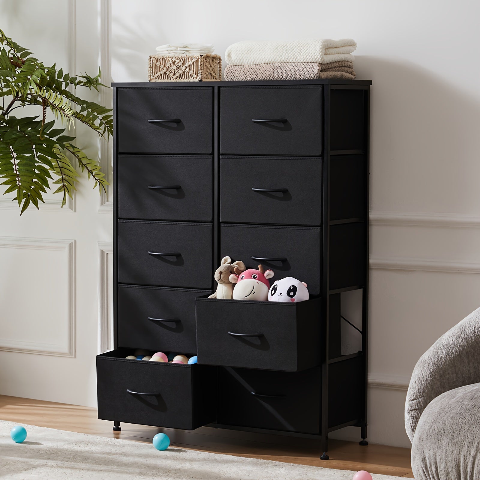 10 Drawers Tall Dresser for Bedroom, Fabric Drawers Dresser, Tall Storage Chest Organizer Units, Dresser and Chest of Drawers, Storage Tower with Fabric Bins, Drawer Cabinet, Metal Frame, Lightweight Furniture for Living Room