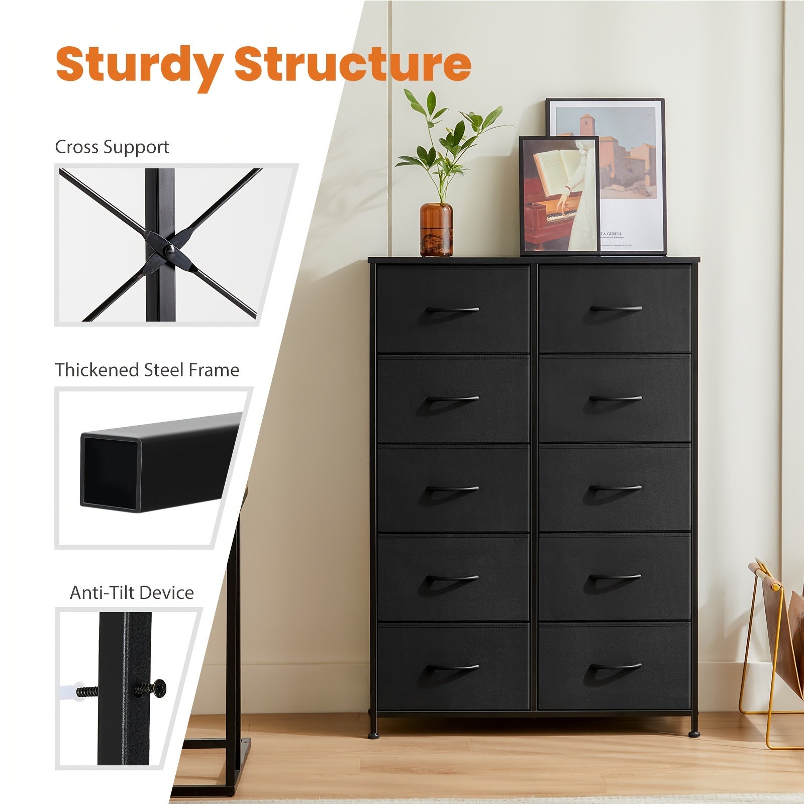 10 Drawers Tall Dresser for Bedroom, Fabric Drawers Dresser, Tall Storage Chest Organizer Units, Dresser and Chest of Drawers, Storage Tower with Fabric Bins, Drawer Cabinet, Metal Frame, Lightweight Furniture for Living Room