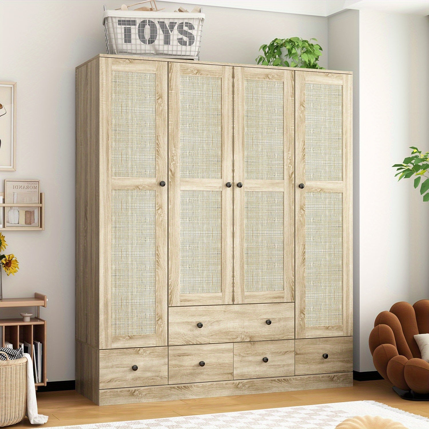 Armoires and Wardrobes, 4-Door Wardrobe with Shelves and Drawers, Rattan Door Design, Wardrobe Closet with 2 Clothing Rods