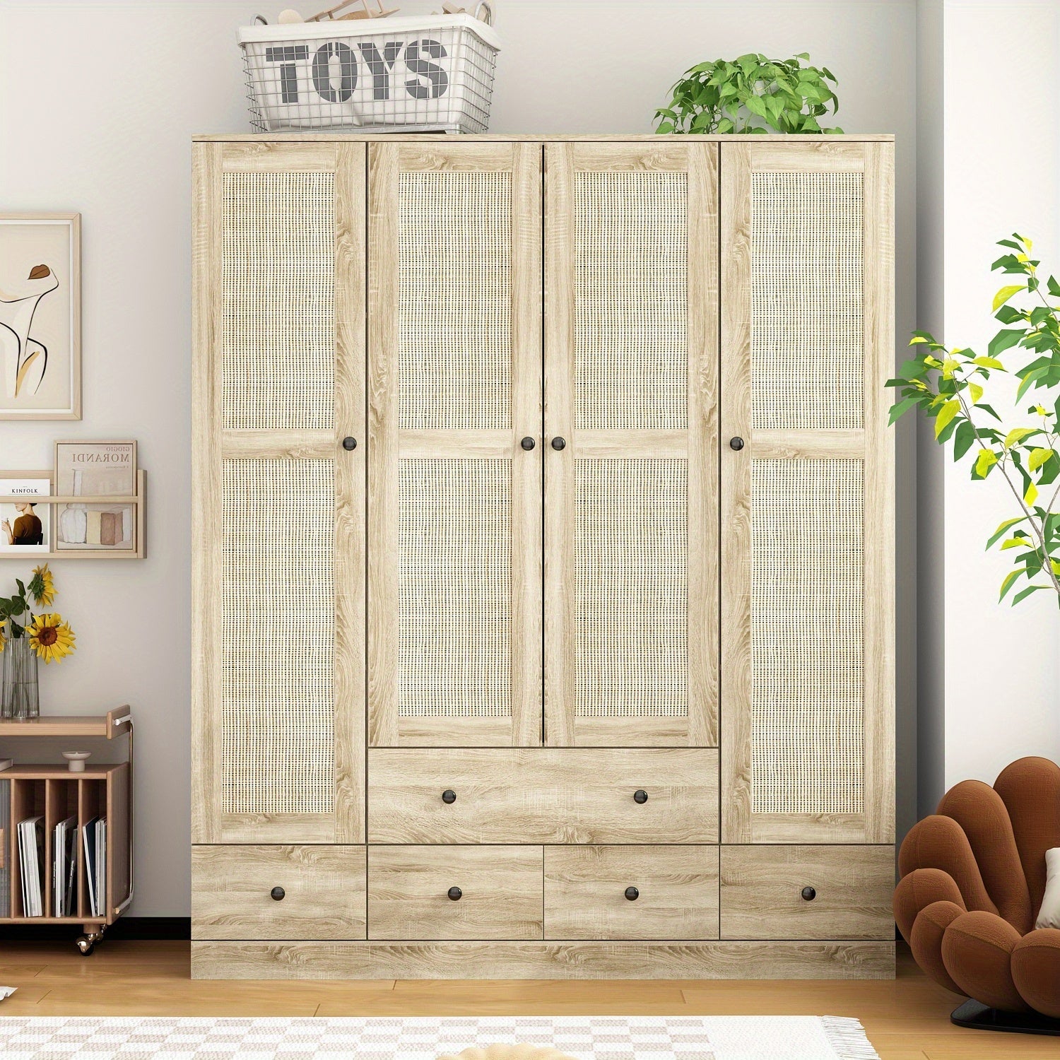 Armoires and Wardrobes, 4-Door Wardrobe with Shelves and Drawers, Rattan Door Design, Wardrobe Closet with 2 Clothing Rods