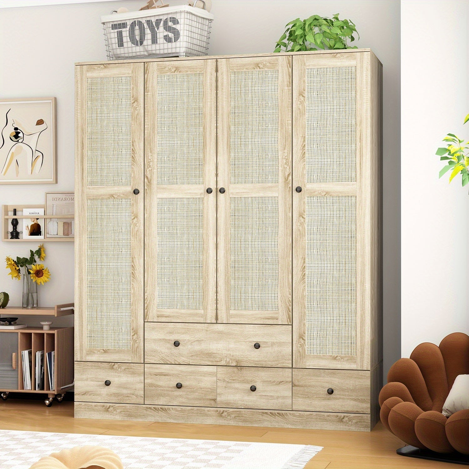 Armoires and Wardrobes, 4-Door Wardrobe with Shelves and Drawers, Rattan Door Design, Wardrobe Closet with 2 Clothing Rods