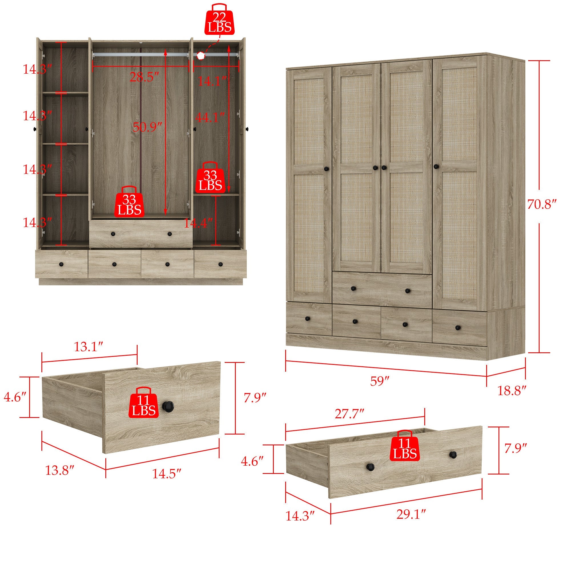 Armoires and Wardrobes, 4-Door Wardrobe with Shelves and Drawers, Rattan Door Design, Wardrobe Closet with 2 Clothing Rods