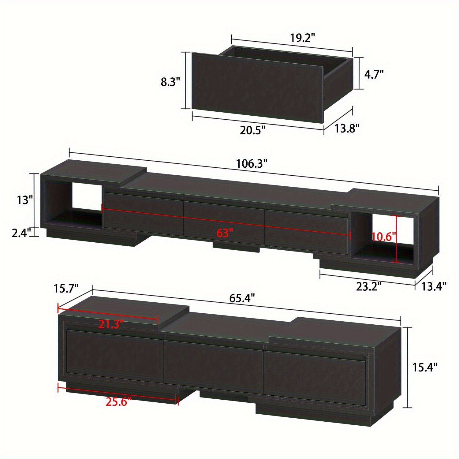 Tiered Extendable TV Stand with 3 Drawers, Retractable Media Storage Cabinet Console